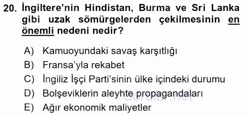 Sömürgecilik Tarihi (Afrika-Asya) 2016 - 2017 3 Ders Sınavı 20.Soru
