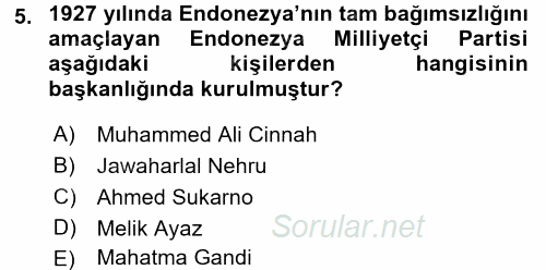 Sömürgecilik Tarihi (Afrika-Asya) 2016 - 2017 3 Ders Sınavı 5.Soru