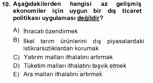 Uluslararası İktisat Politikası 2014 - 2015 Tek Ders Sınavı 10.Soru