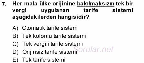 Uluslararası İktisat Politikası 2014 - 2015 Tek Ders Sınavı 7.Soru