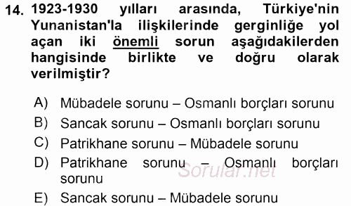 Türk Dış Politikası 1 2017 - 2018 Ara Sınavı 14.Soru