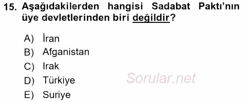 Türk Dış Politikası 1 2017 - 2018 Ara Sınavı 15.Soru