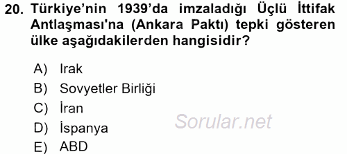 Türk Dış Politikası 1 2017 - 2018 Ara Sınavı 20.Soru