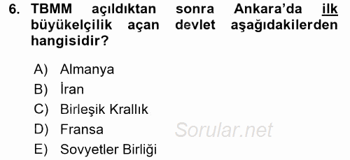 Türk Dış Politikası 1 2017 - 2018 Ara Sınavı 6.Soru