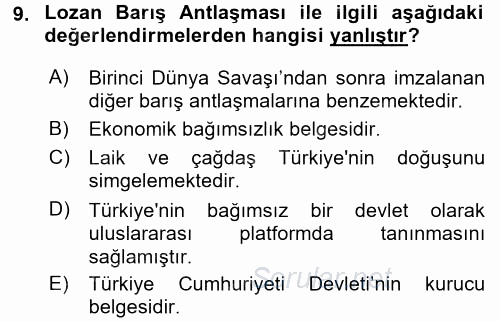 Türk Dış Politikası 1 2017 - 2018 Ara Sınavı 9.Soru