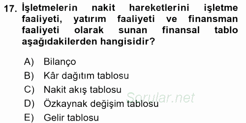 Genel Muhasebe 1 2016 - 2017 Ara Sınavı 17.Soru
