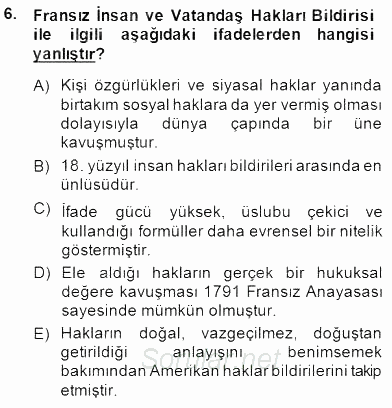 Temel İnsan Hakları Bilgisi 1 2014 - 2015 Dönem Sonu Sınavı 6.Soru