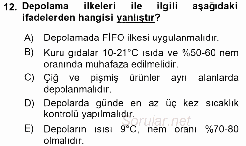 Mutfak Hizmetleri Yönetimi 2017 - 2018 3 Ders Sınavı 12.Soru