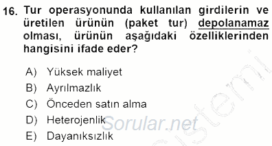 Tur Planlaması ve Yönetimi 2015 - 2016 Dönem Sonu Sınavı 16.Soru