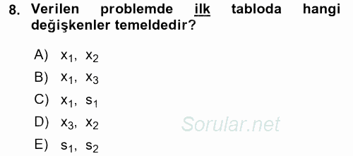 Yöneylem Araştırması 1 2017 - 2018 Dönem Sonu Sınavı 8.Soru