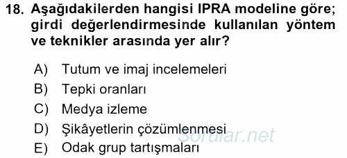 Halkla İlişkiler Yönetimi 2017 - 2018 3 Ders Sınavı 18.Soru