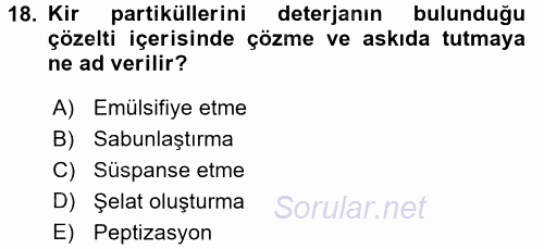 Hijyen ve Sanitasyon 2015 - 2016 Tek Ders Sınavı 18.Soru