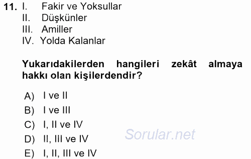 İslam Kurumları ve Medeniyeti 2017 - 2018 3 Ders Sınavı 11.Soru
