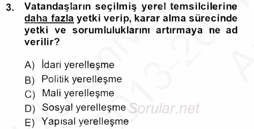 Yerel Yönetimler 2013 - 2014 Ara Sınavı 3.Soru