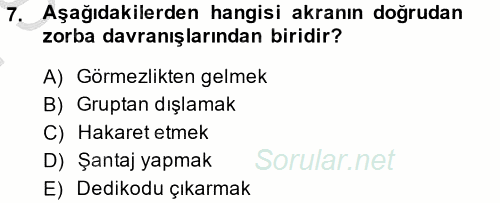 Aile Psikolojisi ve Eğitimi 2014 - 2015 Dönem Sonu Sınavı 7.Soru