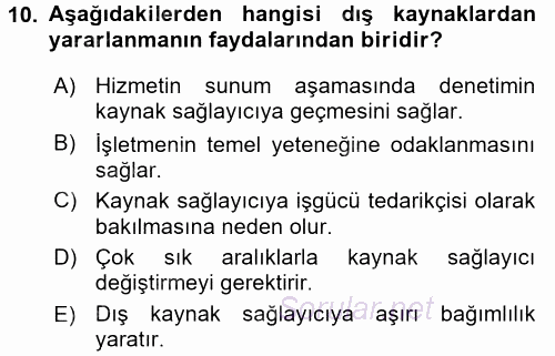 Odalar Bölümü Yönetimi 2016 - 2017 3 Ders Sınavı 10.Soru