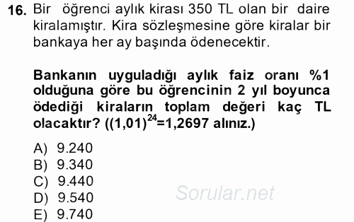 Finans Matematiği 2014 - 2015 Ara Sınavı 16.Soru