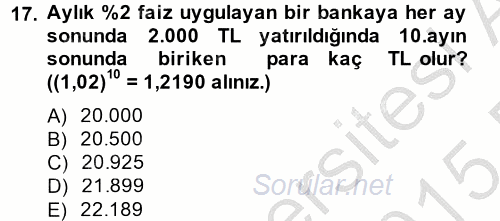 Finans Matematiği 2014 - 2015 Ara Sınavı 17.Soru