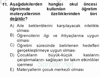 Okulöncesinde Materyal Geliştirme 2014 - 2015 Ara Sınavı 11.Soru