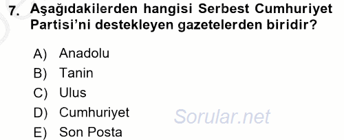 Türkiye´de Demokrasi Ve Parlemento Tarihi 2016 - 2017 3 Ders Sınavı 7.Soru