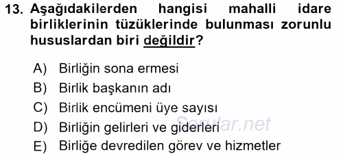 Yerel Yönetimler 2015 - 2016 Ara Sınavı 13.Soru