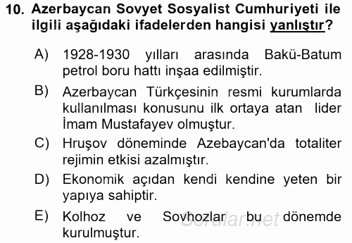 Çağdaş Türk Dünyası 2016 - 2017 Ara Sınavı 10.Soru