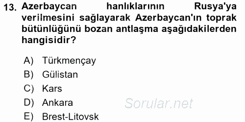 Çağdaş Türk Dünyası 2016 - 2017 Ara Sınavı 13.Soru