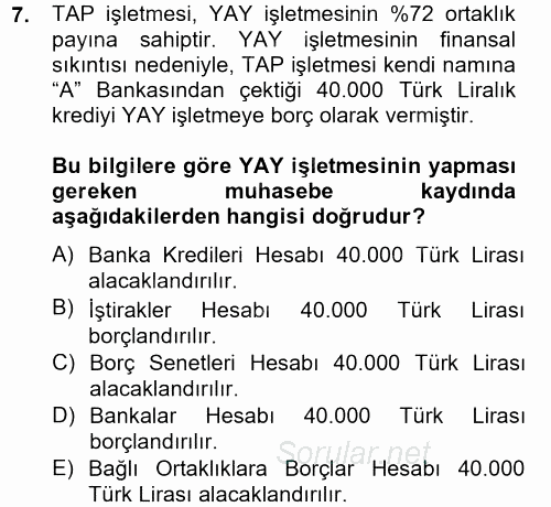 Genel Muhasebe 2 2012 - 2013 Dönem Sonu Sınavı 7.Soru