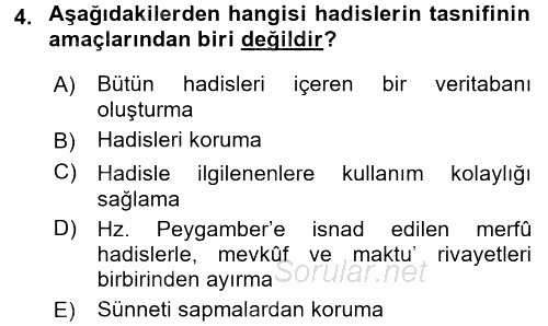 Hadis Tarihi ve Usulü 2015 - 2016 Tek Ders Sınavı 4.Soru