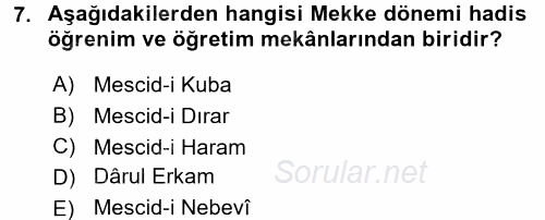 Hadis Tarihi ve Usulü 2015 - 2016 Tek Ders Sınavı 7.Soru