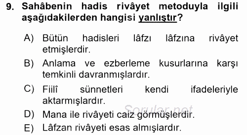 Hadis Tarihi ve Usulü 2015 - 2016 Tek Ders Sınavı 9.Soru