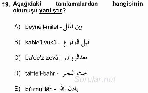 Osmanlı Türkçesi Grameri 1 2017 - 2018 Dönem Sonu Sınavı 19.Soru