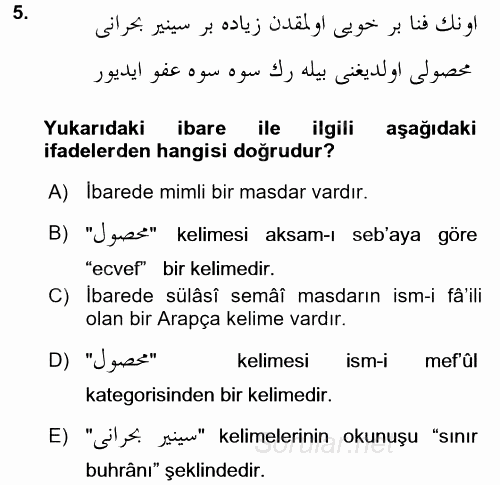 Osmanlı Türkçesi Grameri 1 2017 - 2018 Dönem Sonu Sınavı 5.Soru