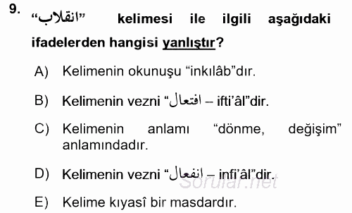 Osmanlı Türkçesi Grameri 1 2017 - 2018 Dönem Sonu Sınavı 9.Soru