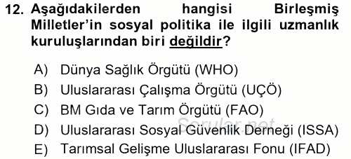 Uluslararası Sosyal Politika 2017 - 2018 Dönem Sonu Sınavı 12.Soru