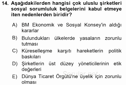 Uluslararası Sosyal Politika 2017 - 2018 Dönem Sonu Sınavı 14.Soru