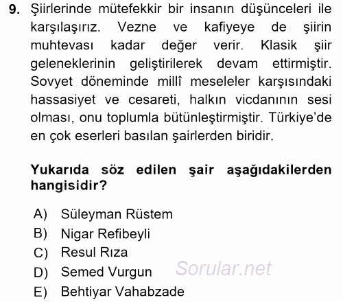 Çağdaş Türk Edebiyatları 1 2017 - 2018 3 Ders Sınavı 9.Soru