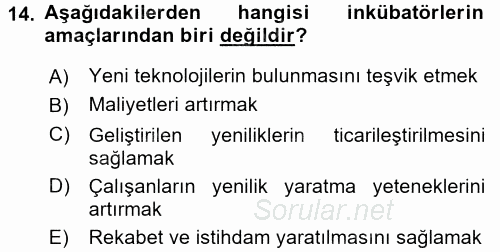 Girişimcilik 2016 - 2017 3 Ders Sınavı 14.Soru