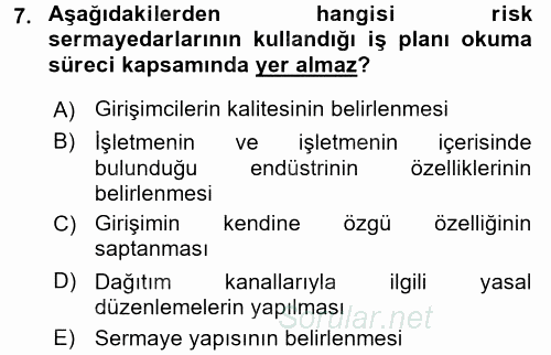 Girişimcilik 2016 - 2017 3 Ders Sınavı 7.Soru