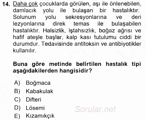 Aile Sağlığı 2016 - 2017 3 Ders Sınavı 14.Soru