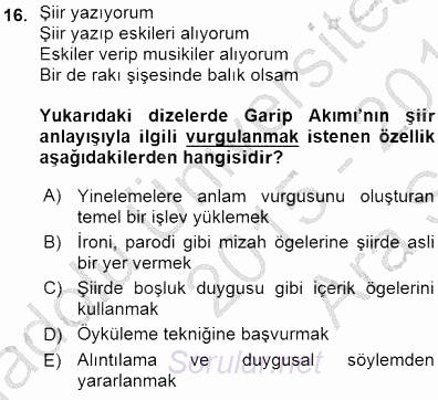 Cumhuriyet Dönemi Türk Şiiri 2015 - 2016 Ara Sınavı 16.Soru