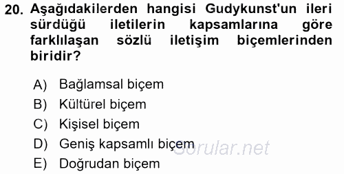 Kültürlerarası İletişim 2017 - 2018 3 Ders Sınavı 20.Soru