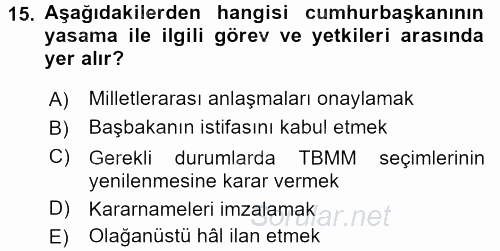 Türk Anayasa Hukuku 2016 - 2017 3 Ders Sınavı 15.Soru