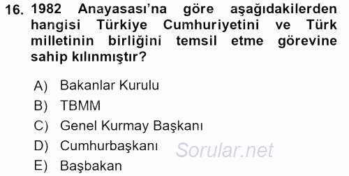 Türk Anayasa Hukuku 2016 - 2017 3 Ders Sınavı 16.Soru