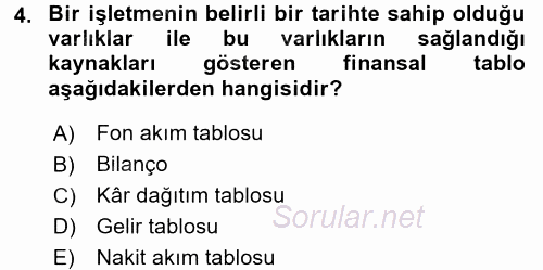 Sağlık Kurumlarında Finansal Yönetim 2017 - 2018 Ara Sınavı 4.Soru