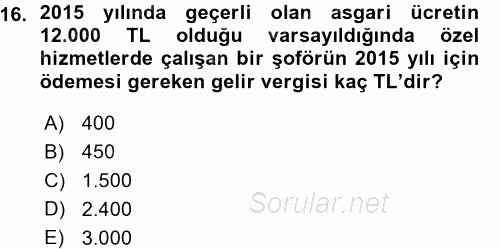 Özel Vergi Hukuku 1 2015 - 2016 Ara Sınavı 16.Soru