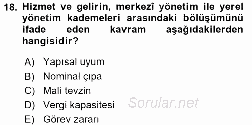 Maliye Politikası 2 2017 - 2018 Dönem Sonu Sınavı 18.Soru