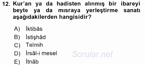Türk İslam Edebiyatı 2015 - 2016 Ara Sınavı 12.Soru