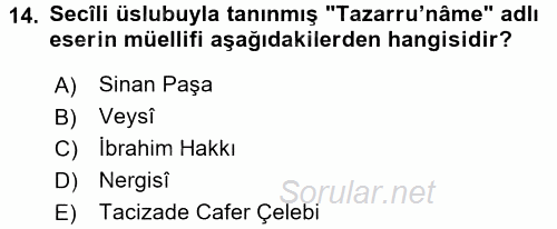 Türk İslam Edebiyatı 2015 - 2016 Ara Sınavı 14.Soru