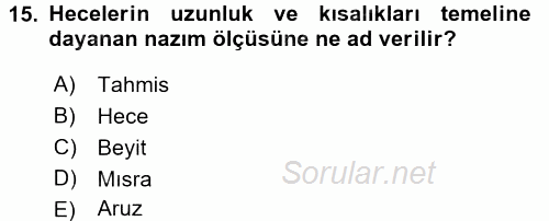 Türk İslam Edebiyatı 2015 - 2016 Ara Sınavı 15.Soru
